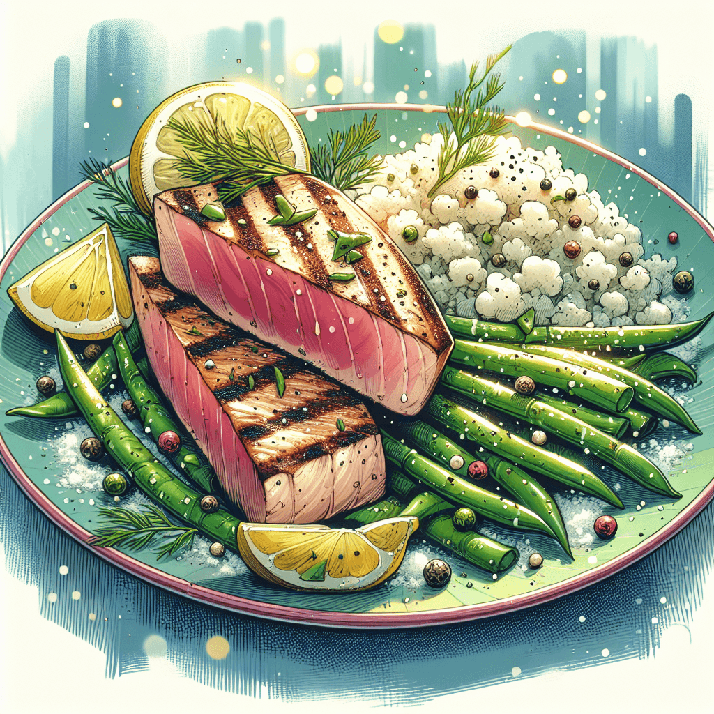 Lemon Dill Grilled Tuna with Green Beans and Cauliflower Rice (Gluten-Free, Dairy-Free, Sugar-Free, Low-FODMAP)