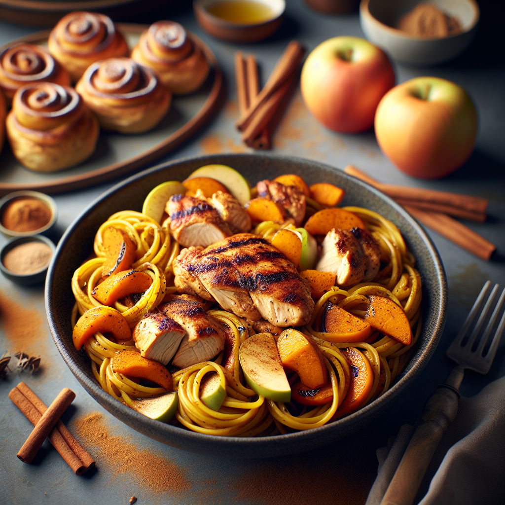 Pumpkin Squash Noodles with Apple Chicken and Cinnamon Bread Rolls